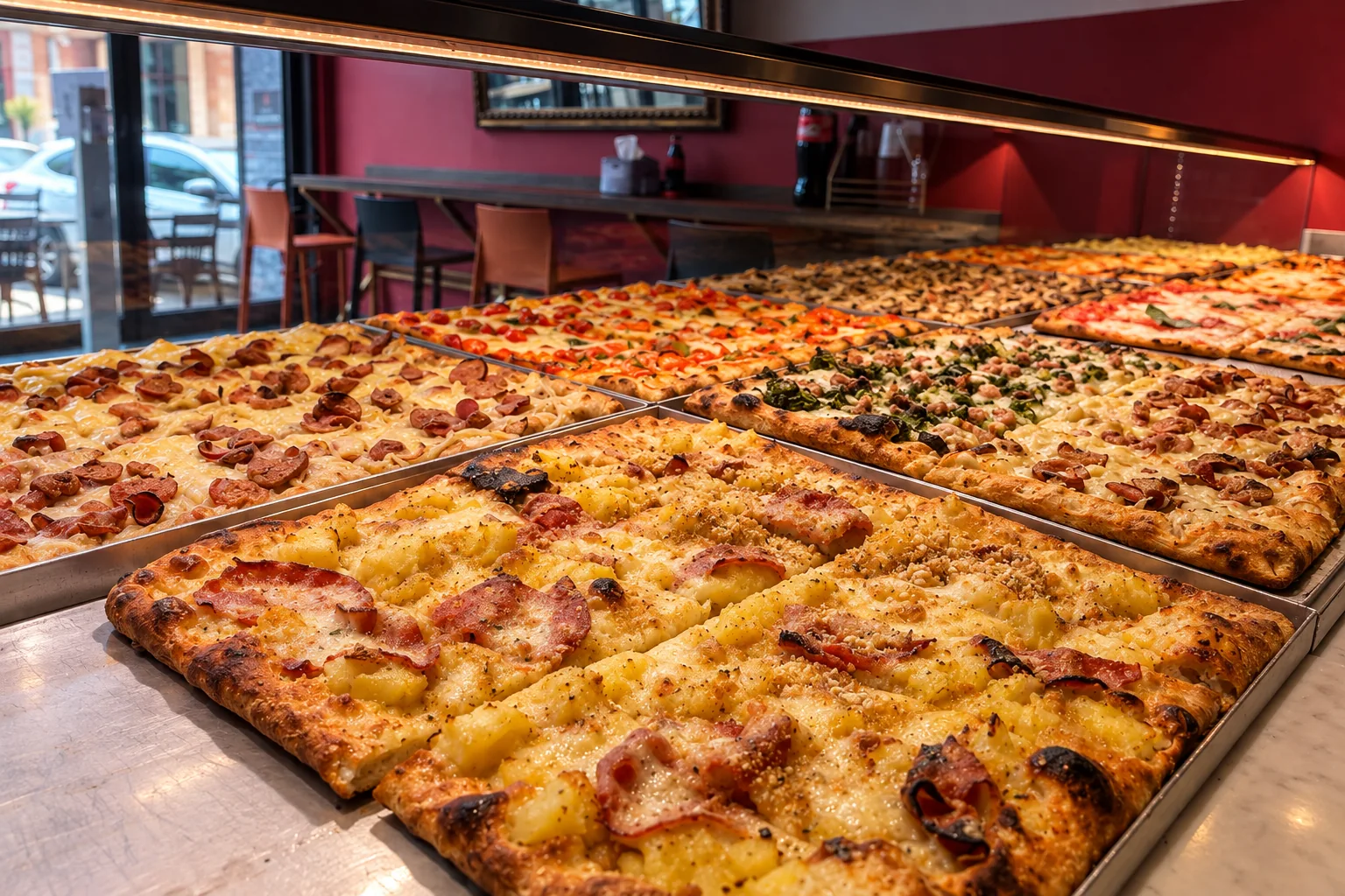 Pizza al taglio in vetrina da Agapé, con diversi gusti e farciture