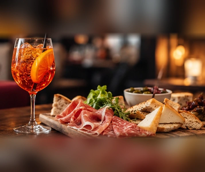 Foto illustrativa di uno spritz arancione con tagliere di salumi e formaggi